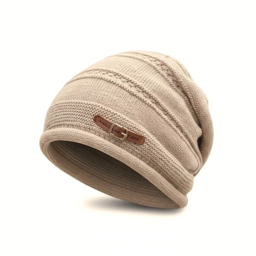 Slouchy Stretchy Winter Cozy Khaki Buckle Beanie Knit Hat OS Thick Soft Lined